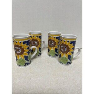 GANZ Vintage  4 Espresso Cappuccino Ceramic Cups Flower Design 5oz. Sunflower